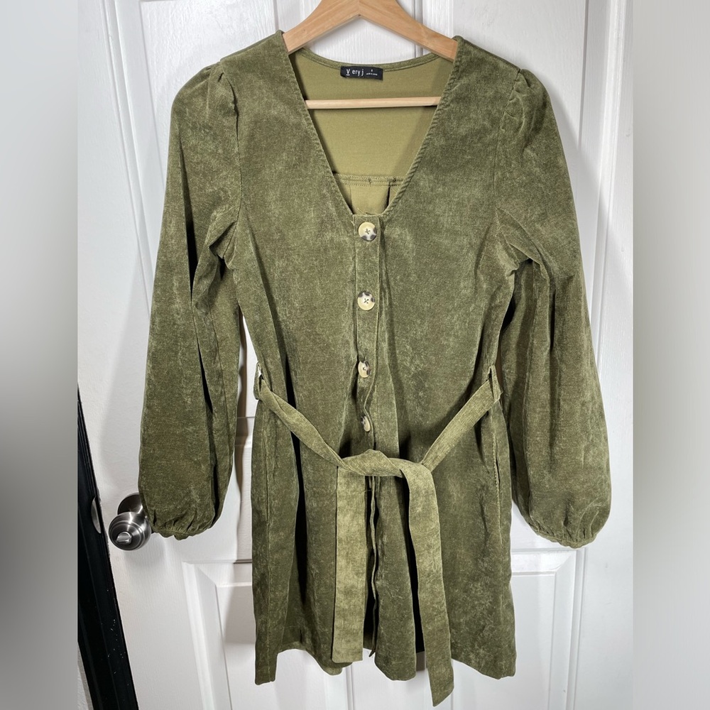 Very J Green Corduroy Belted Dress Sz S